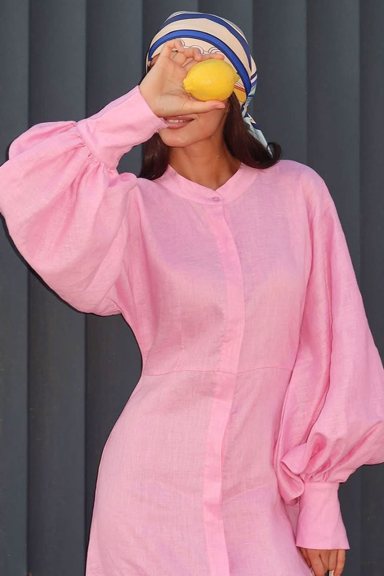 Puff Sleeve Cotton Linen Maxi Dress