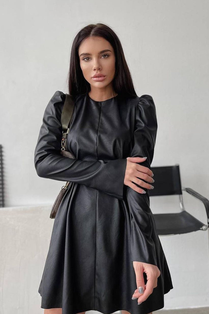 Leather Puff Sleeve Round Neck Mini Dress