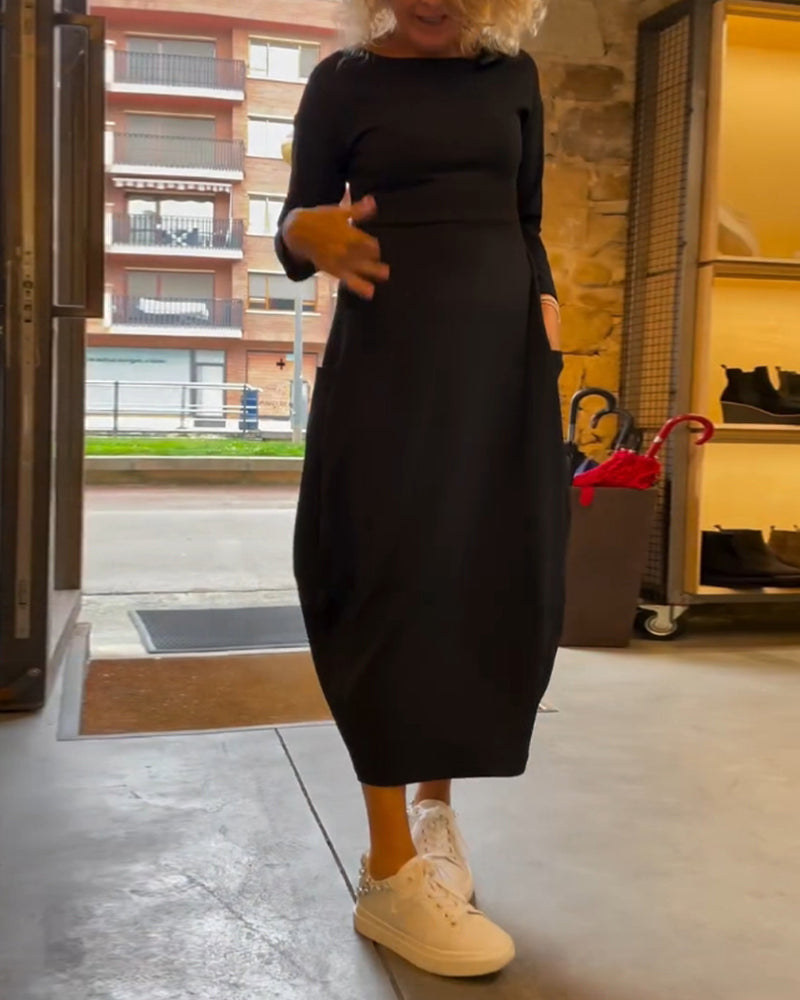 Round Neck Long Sleeve Pocket Cocoon Midi Dress 2