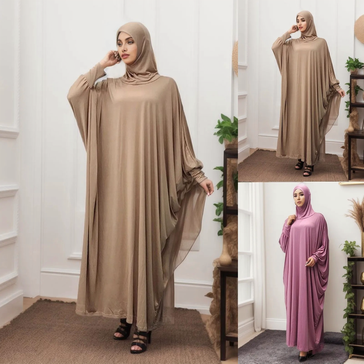 Solid Color Headgear Bat Cardigan Robes Ramadan Muslim Muslim Clothes Long Sleeve Cardigan Maxi Dress 5