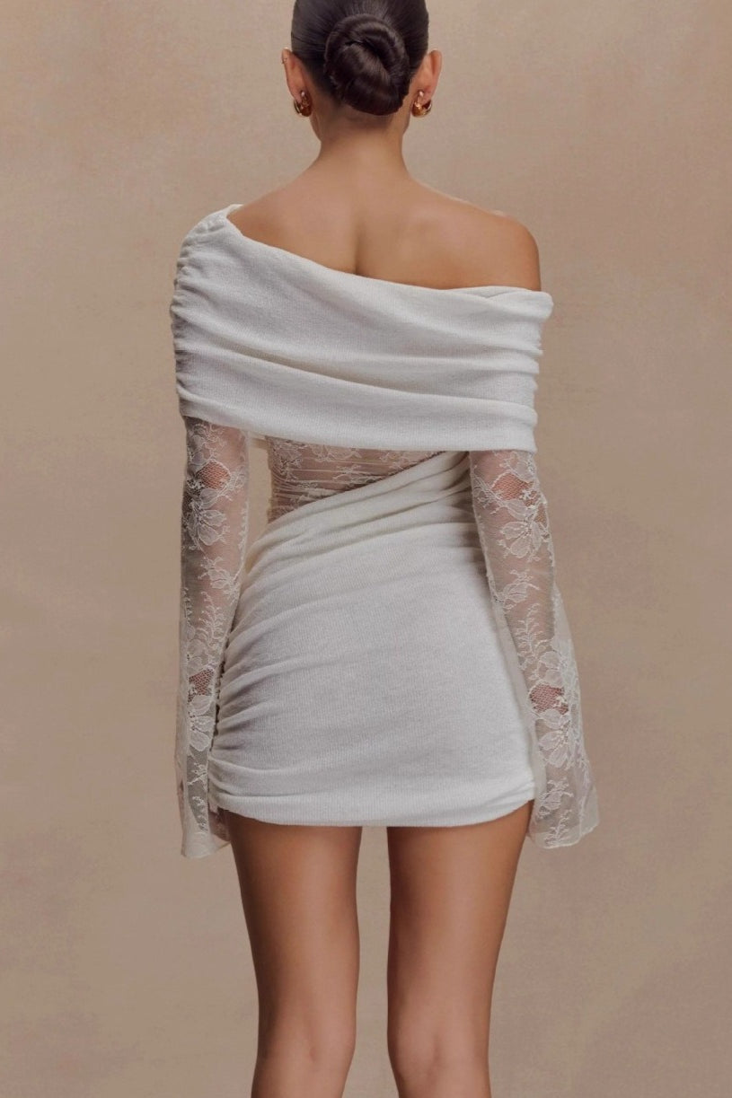 Off Shoulder Lace Sleeve Ruched Bodycon Mini Dress