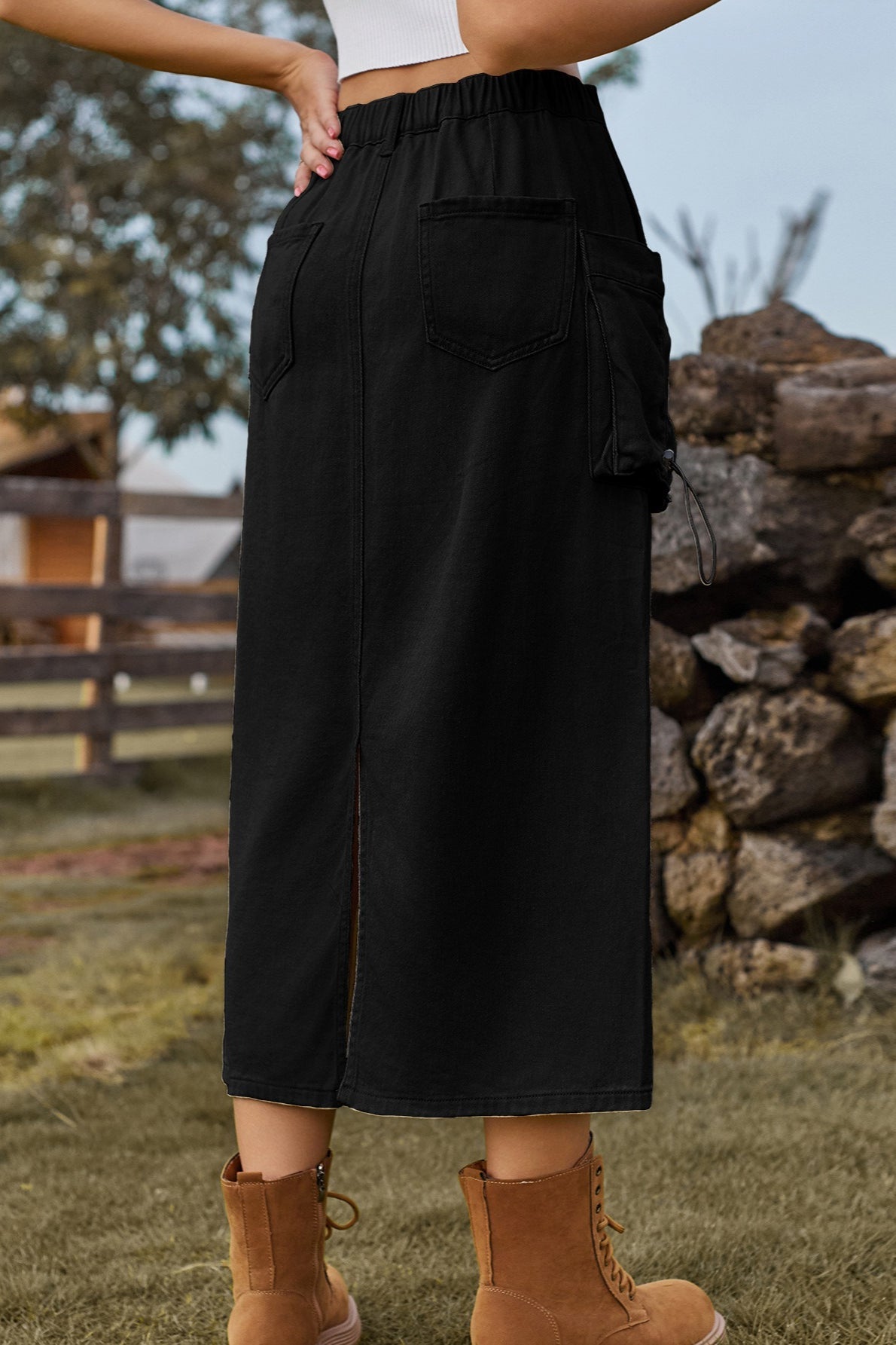 Vintage High-Waist Denim Cargo Midi Skirt