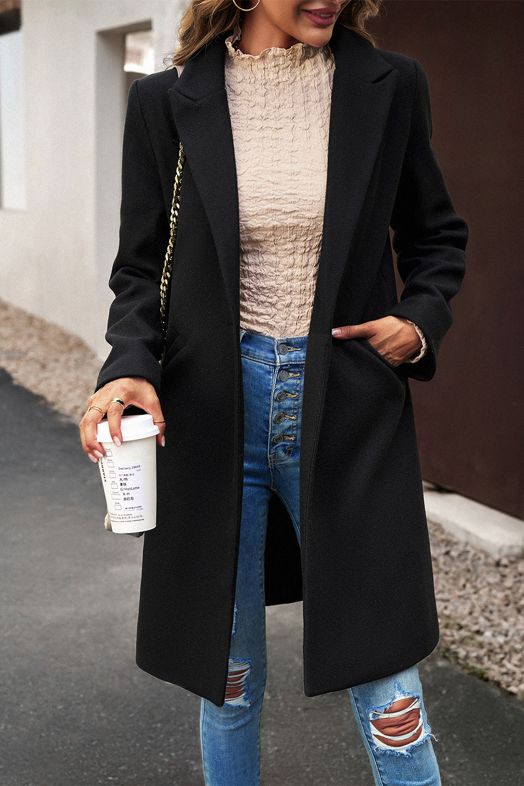Wool Blend Solid Longline Coat Black / S coats