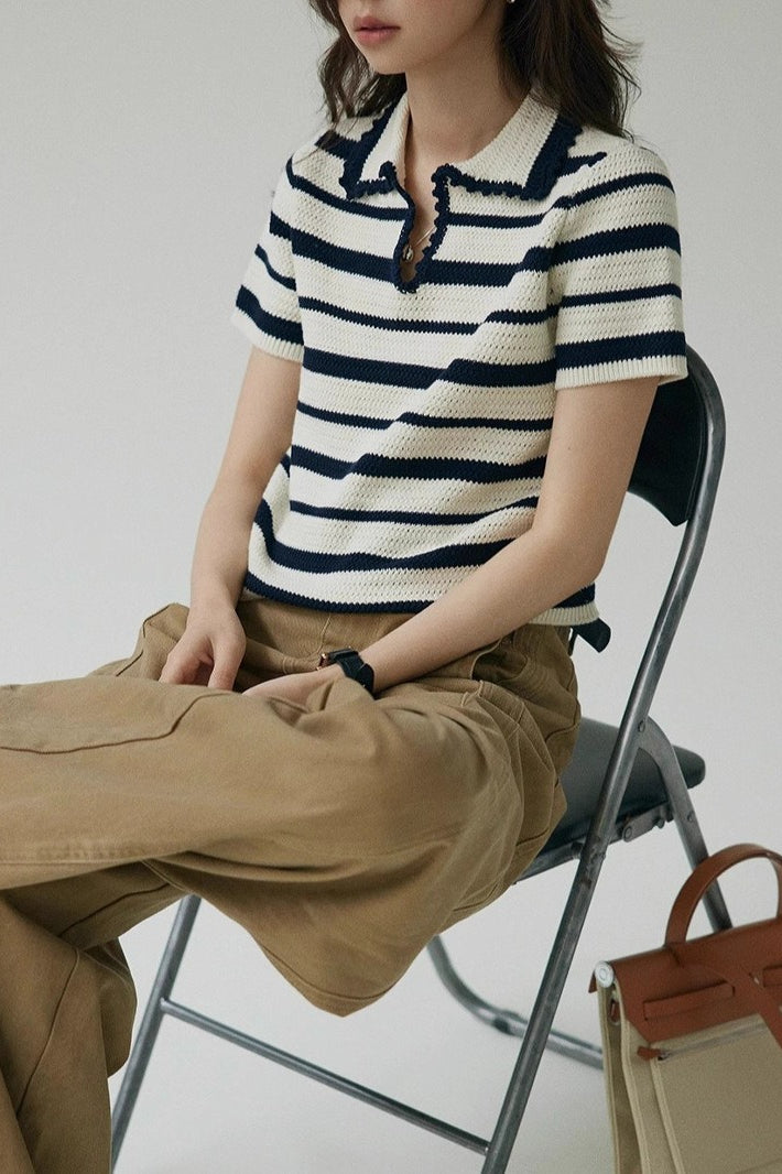 Color Block Stripe Polo Knit Top