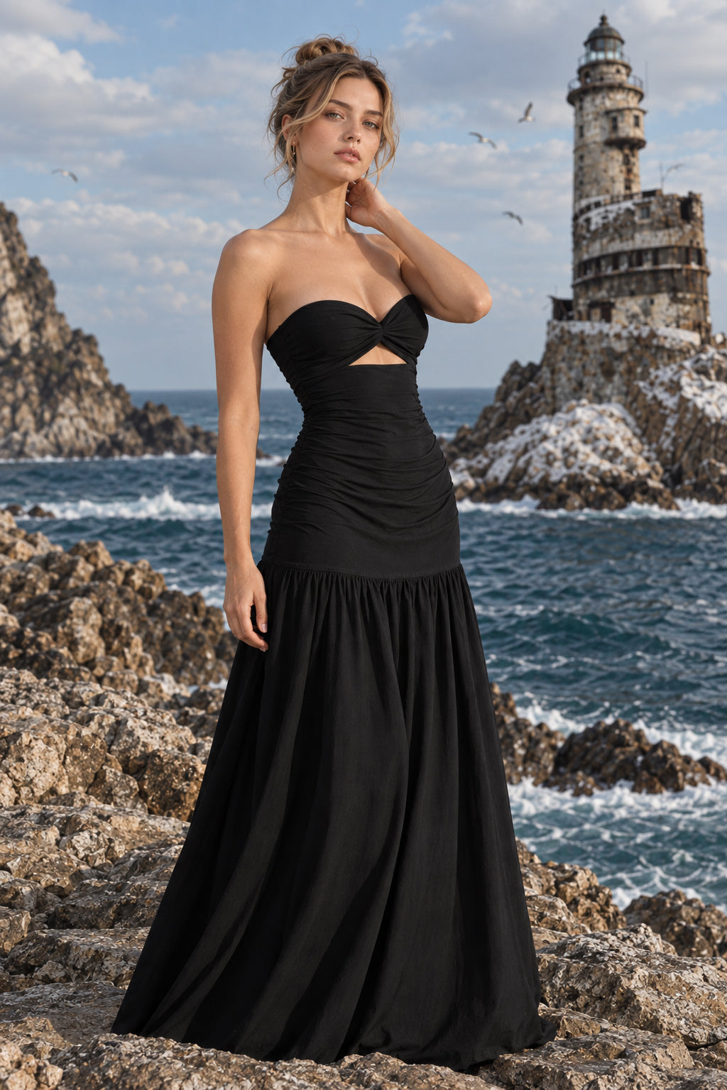 Strapless Twist-Front Cut-Out Ruched Drop-Waist Maxi Dress