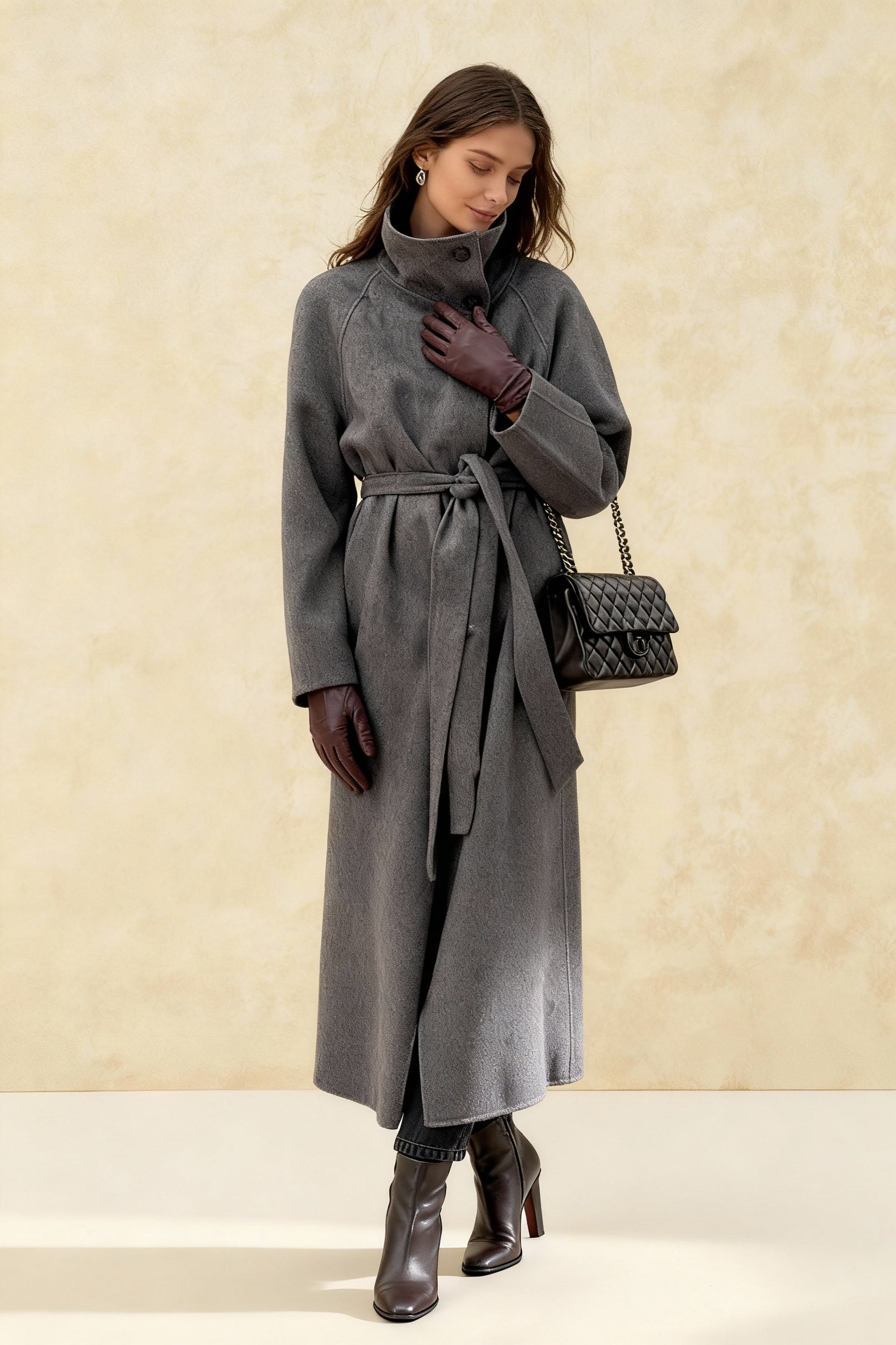 Grey High Collar Long Woolen Coat - Fashionpara