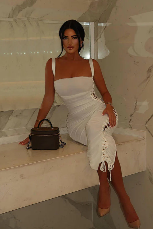 Hollow Side Lace-Up Ruched Slim Fit Party Dress