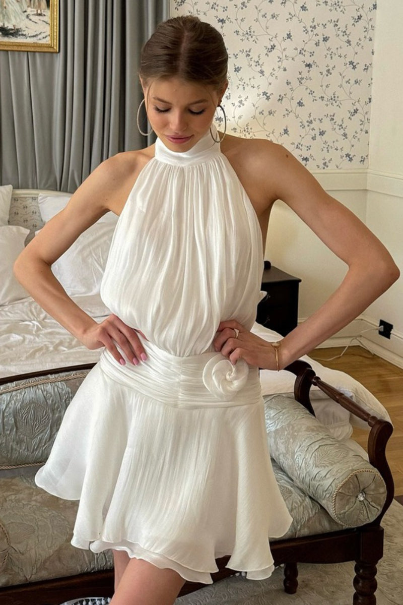 Halter Neck Rosette Waist Ruffle Hem Flowy Mini Dress