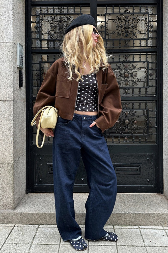 Brown Faux Suede Utility Zip Jacket