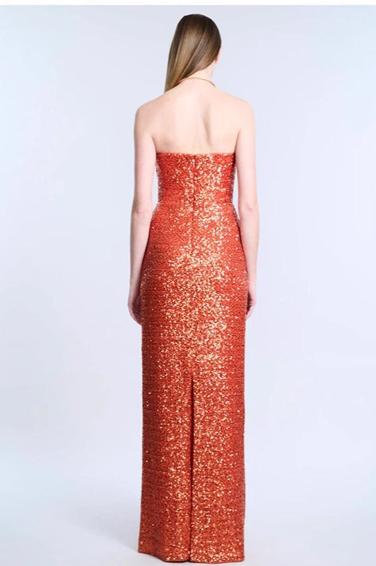 Sequin Strapless Deep V-Neck Ruched Column Gown - View 3