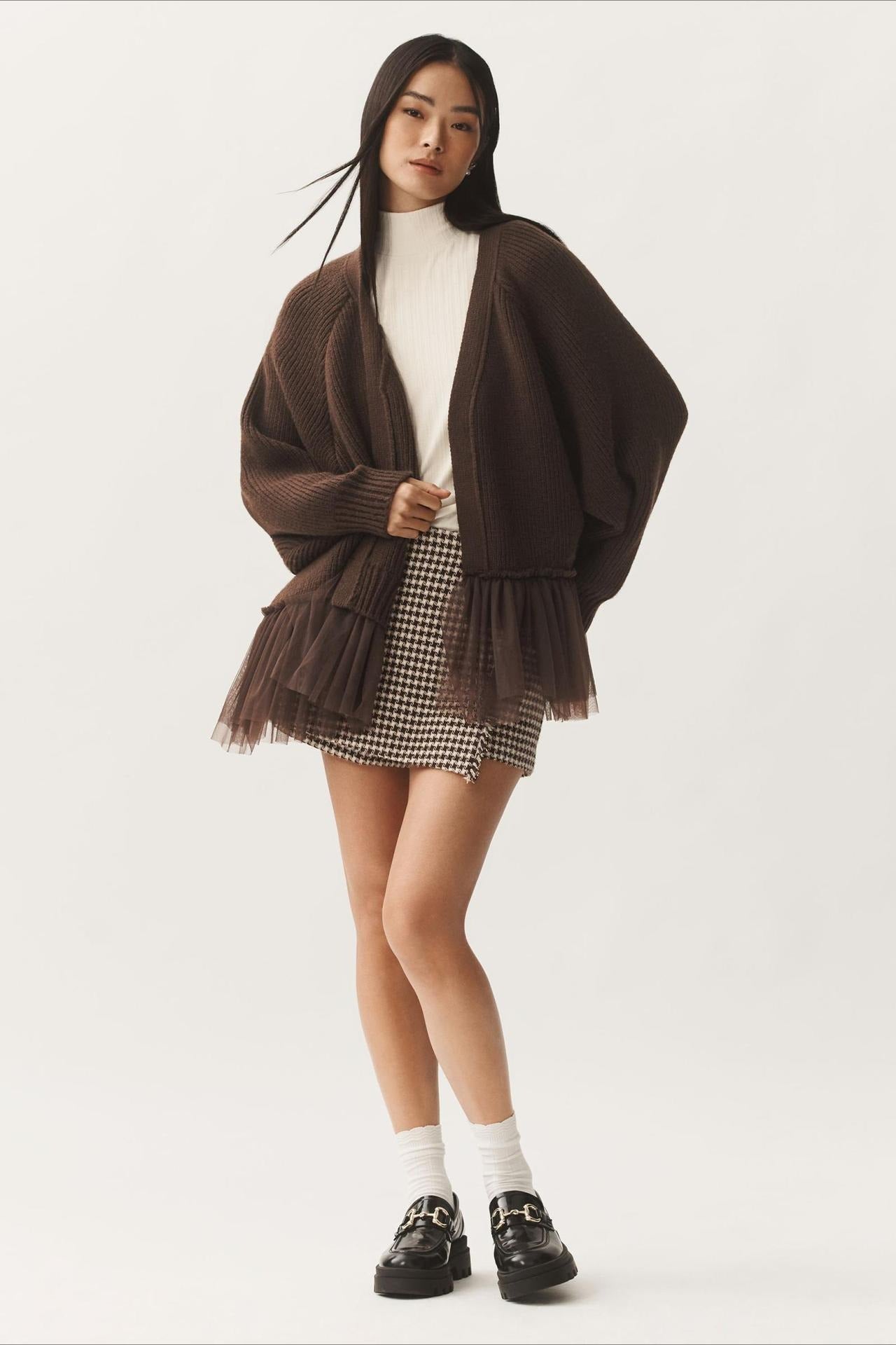 Ruffled Tulle Knit Long-Sleeve Cardigan for Effortless Style