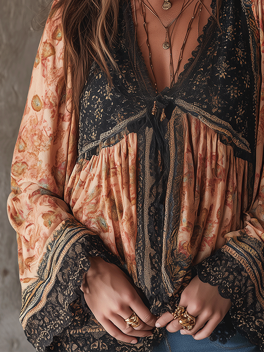 Bohemian Floral Lace Trim Blouse - Fashionpara