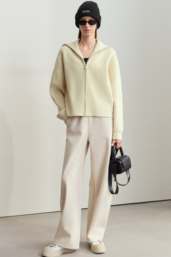 Thick Knit Zip Cardigan with Naval Collar for Cozy Elegance