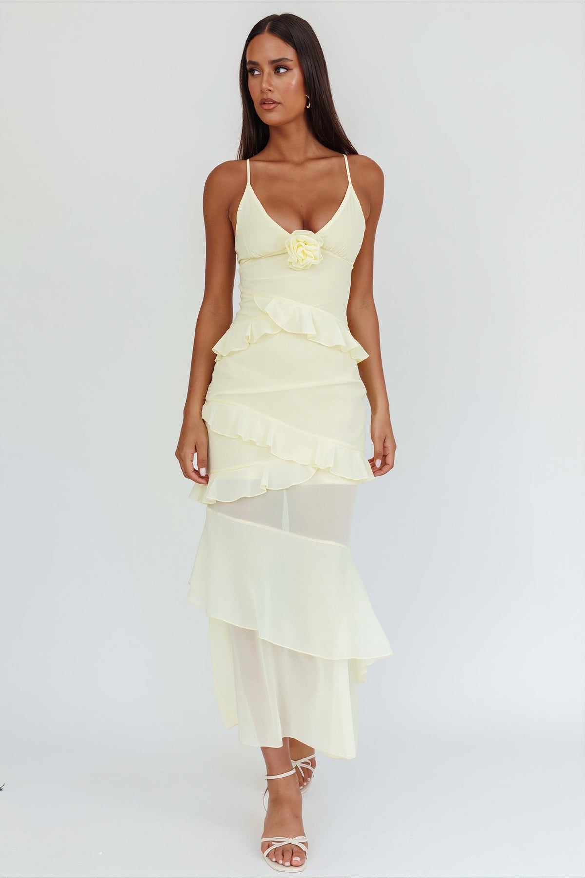 Chiffon V-Neck Rosette Ruffle Tiered Maxi Dress