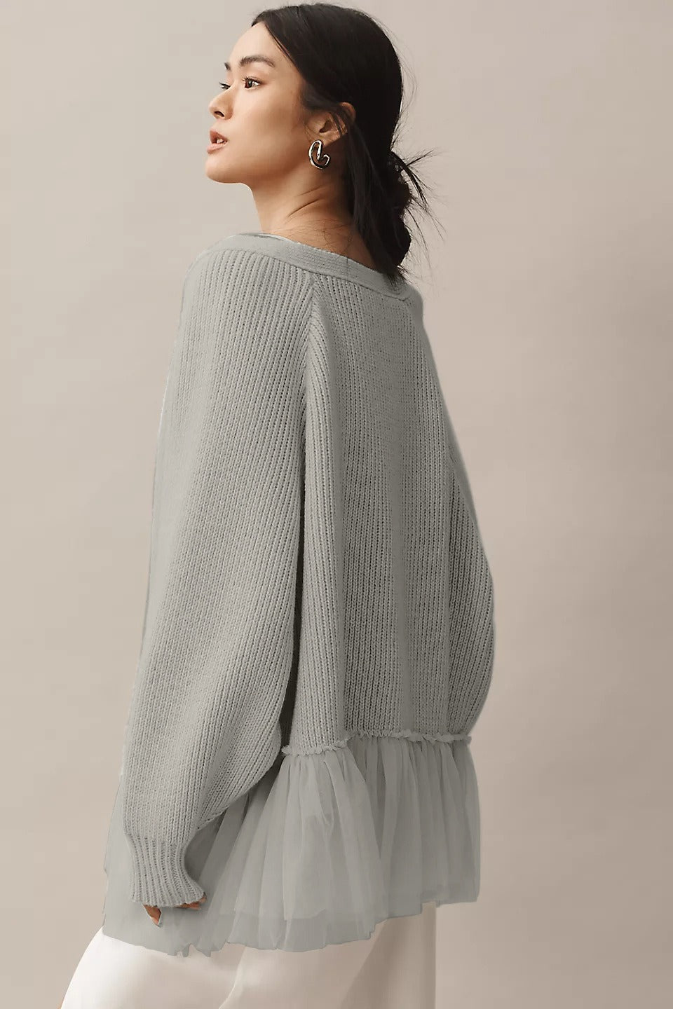 Ruffled Tulle Knit Long-Sleeve Cardigan for Effortless Style