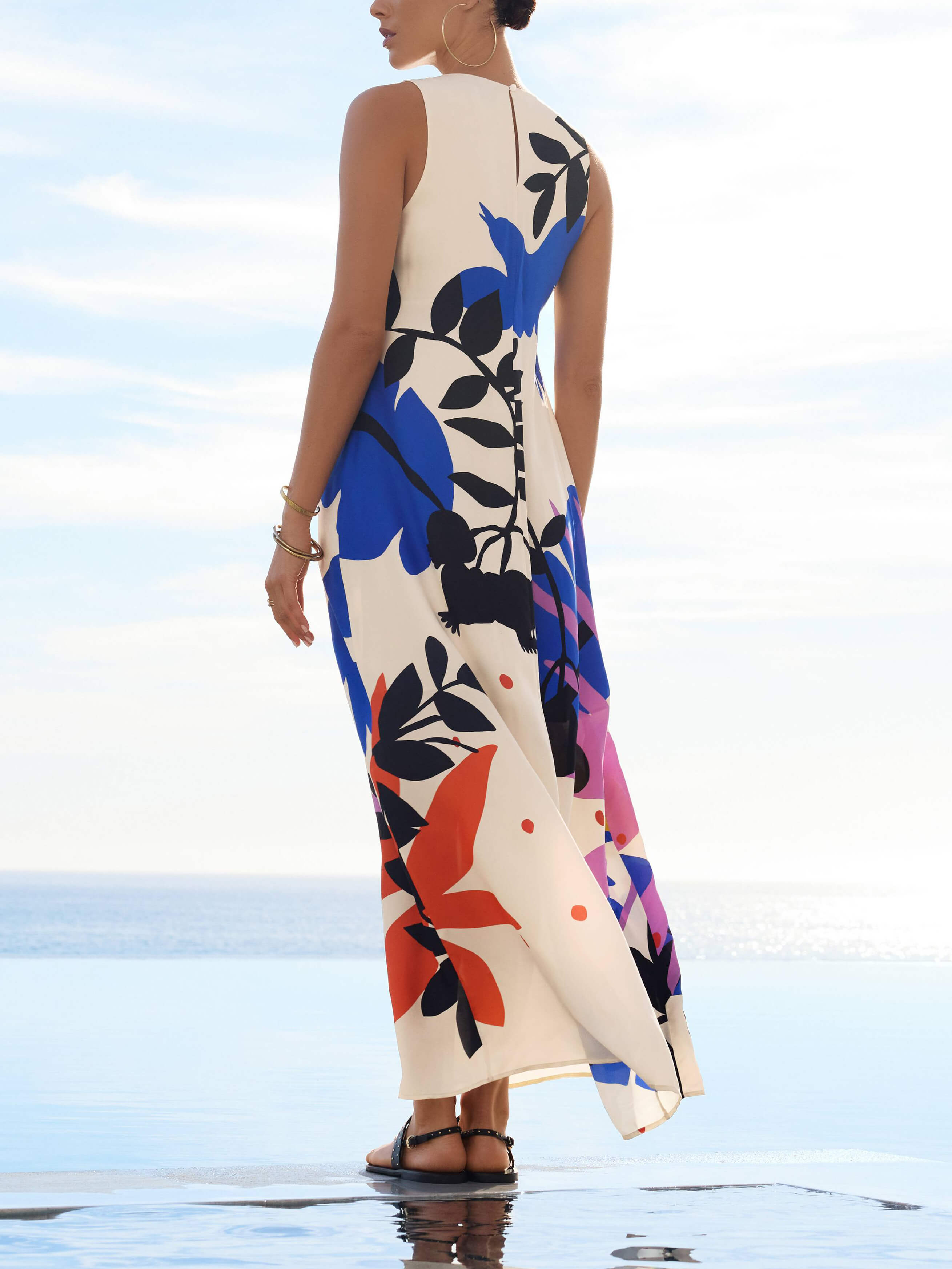 Satin Art Floral Print Maxi Dress - Fashionpara