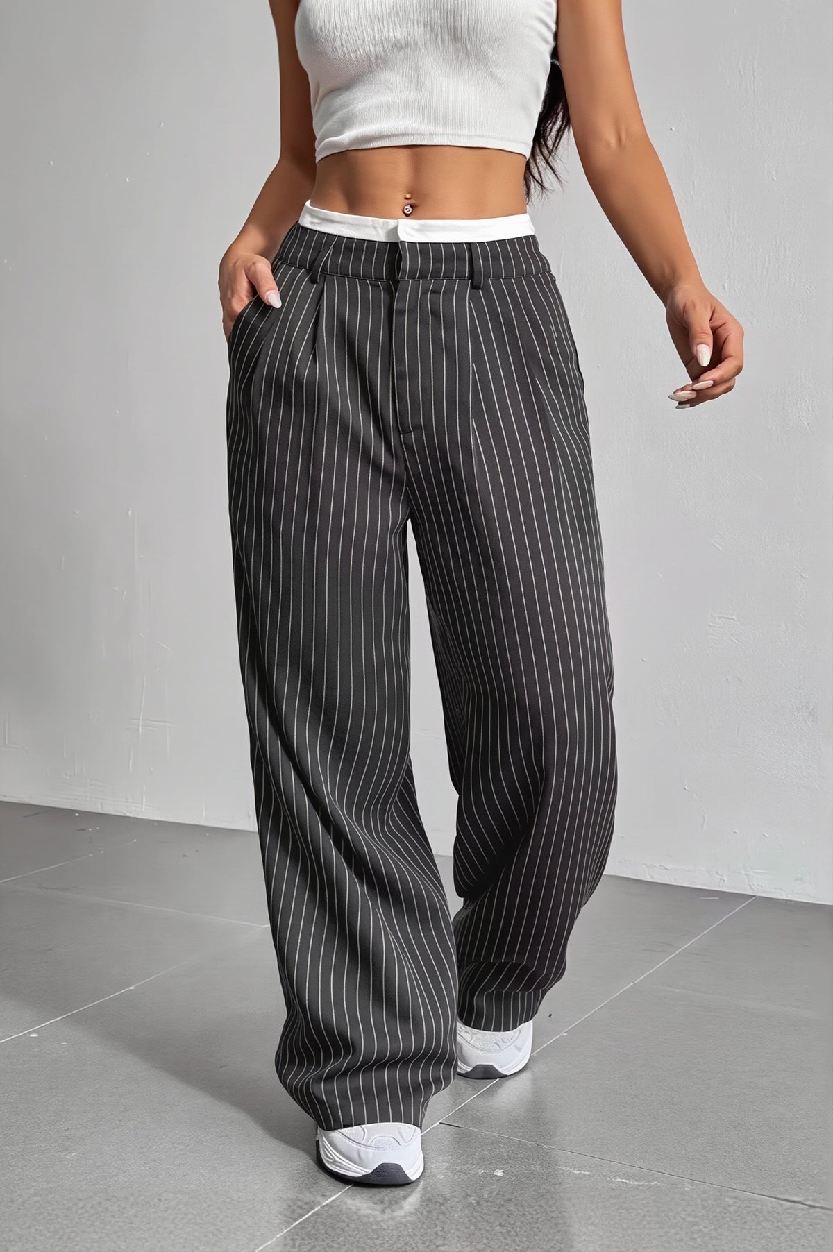 Pinstripe Double Waistband Pants