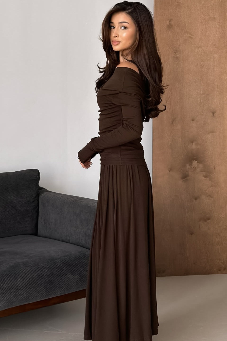 Off Shoulder Long Sleeve Drop Waist Pleated Maxi Dress