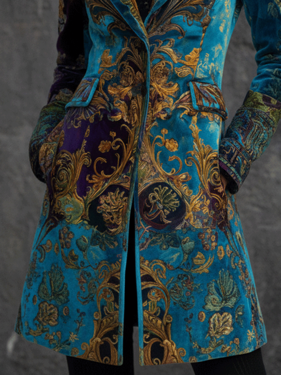 Vintage Boho Teal Baroque Velvet Coat - Fashionpara