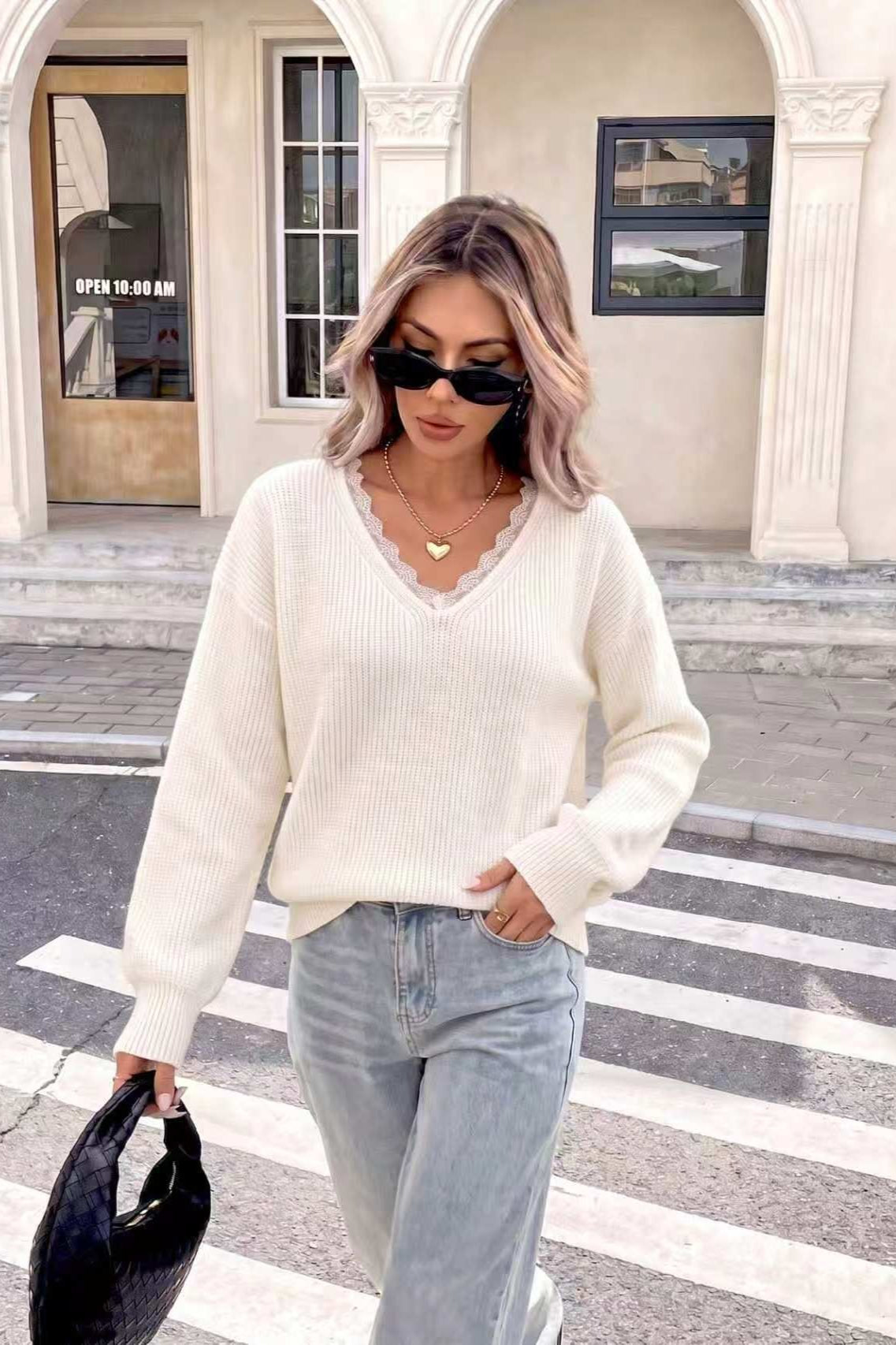 Lace Trim Ribbed V Neck Knit Top