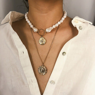 Vintage coin gem multi-layer pearl necklace