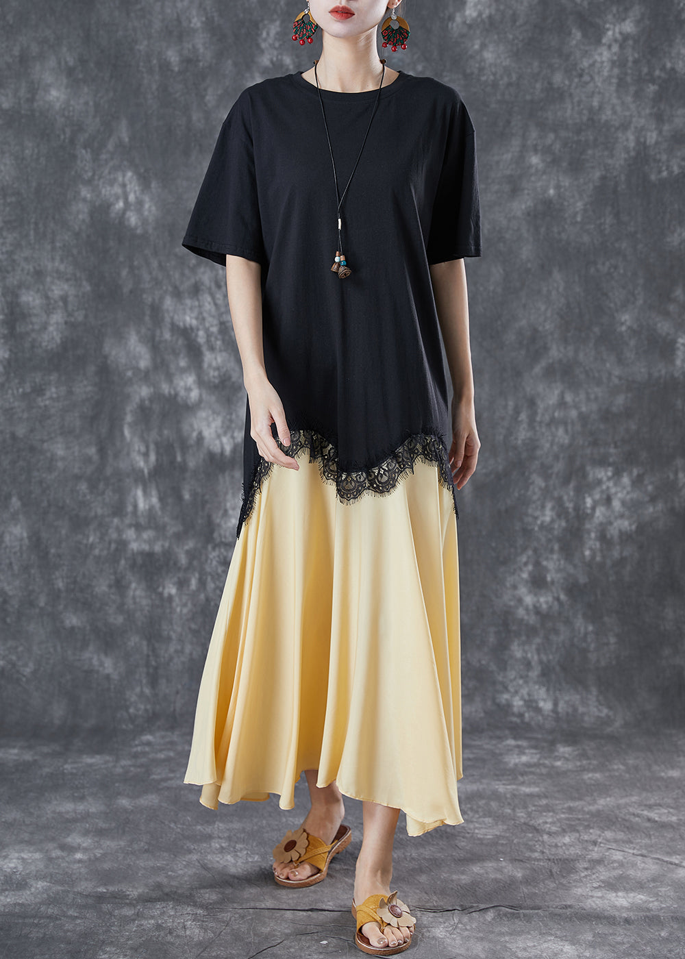 Faux Two Piece Scalloped Lace Trim Pleated A-Line Midi Dress