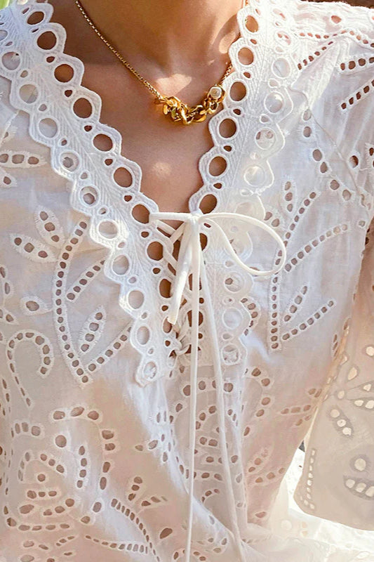 Embroidered Puff Sleeve White Maxi Dress