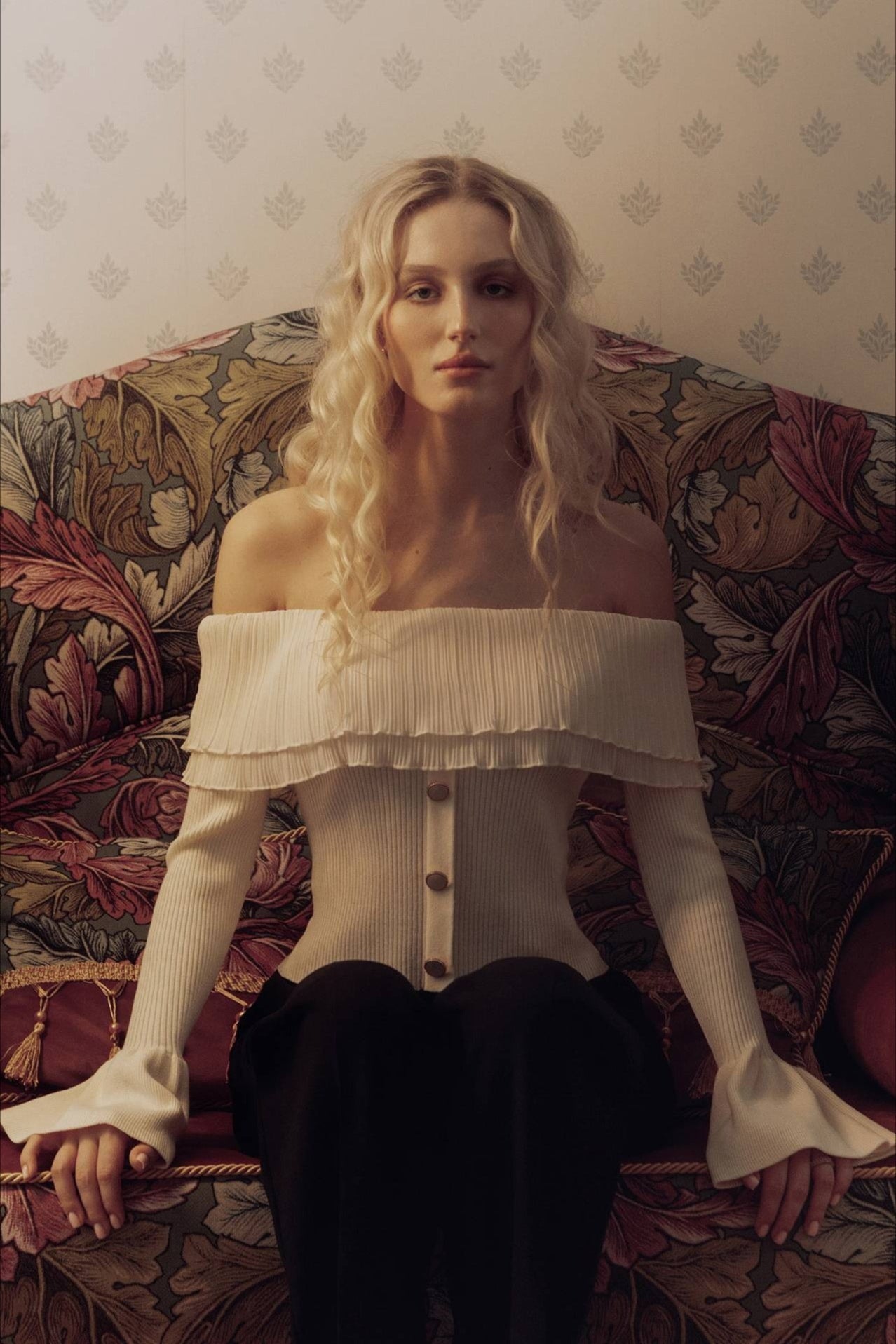 Off Shoulder Buttoned Knit Sweater