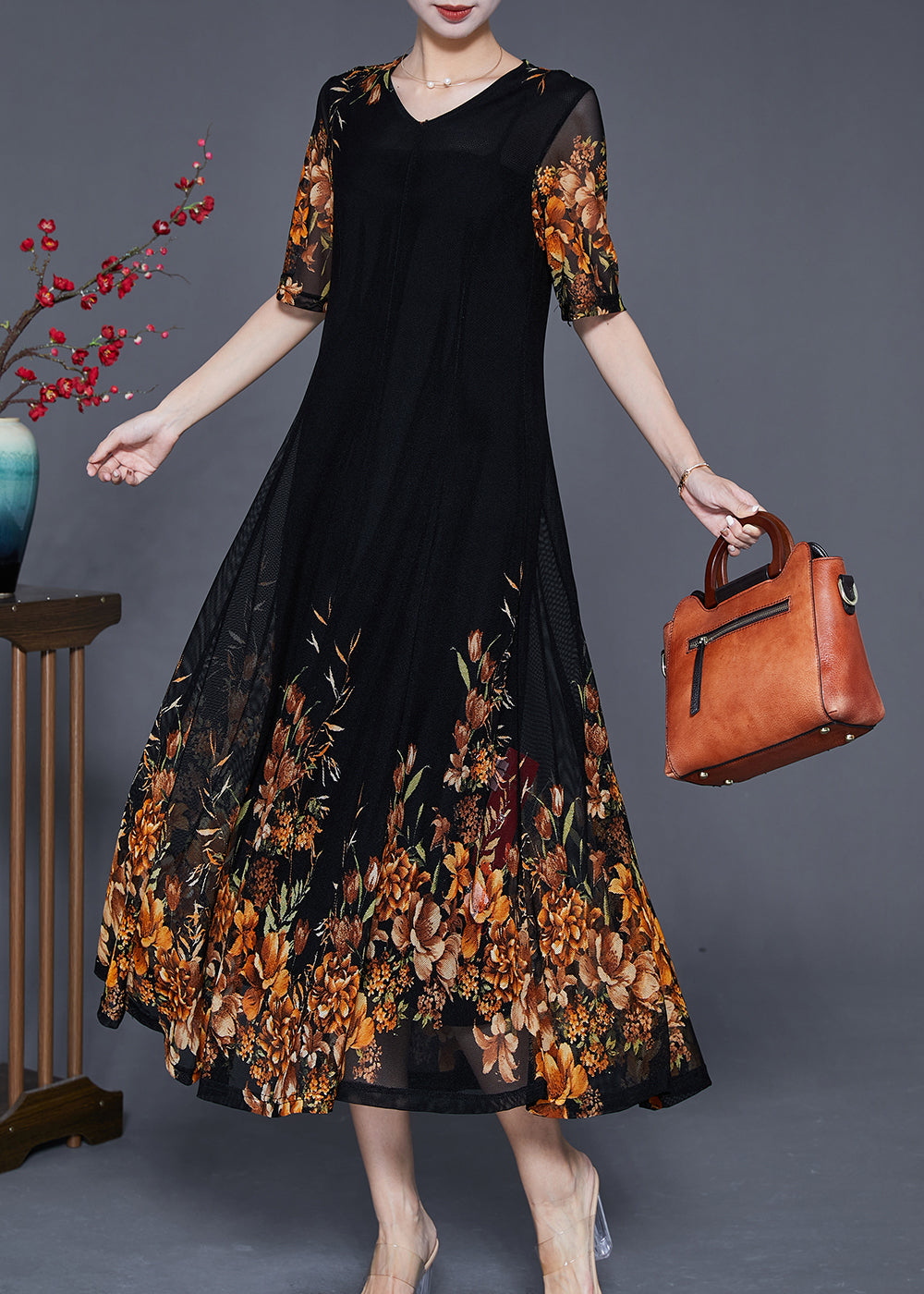 Mesh Elbow Sleeve V-Neck Band Hem A-Line Midi Dress - View 3