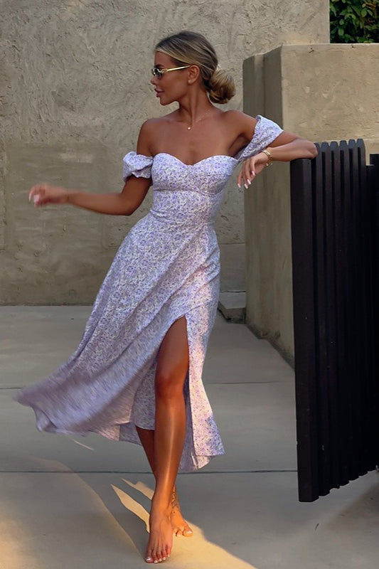 Floral Off Shoulder Puff Sleeve High Split Maxi Dress 15