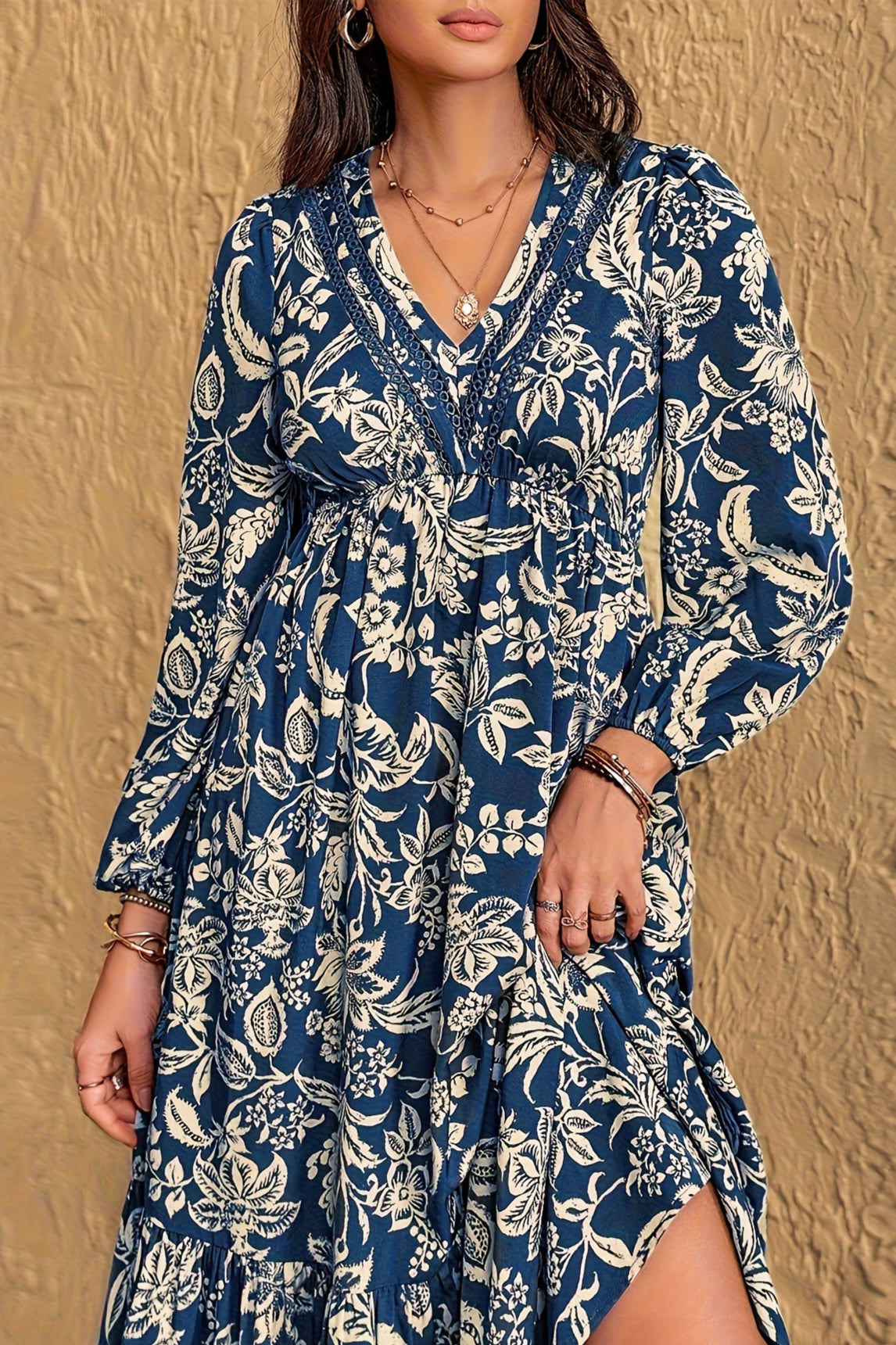 Floral Lace Trim Long Sleeve Tiered Maxi Dress