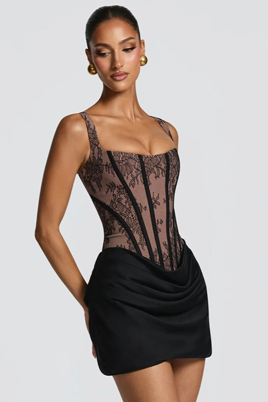 Square-Neck Lace Corset Ruched Satin Mini Dress