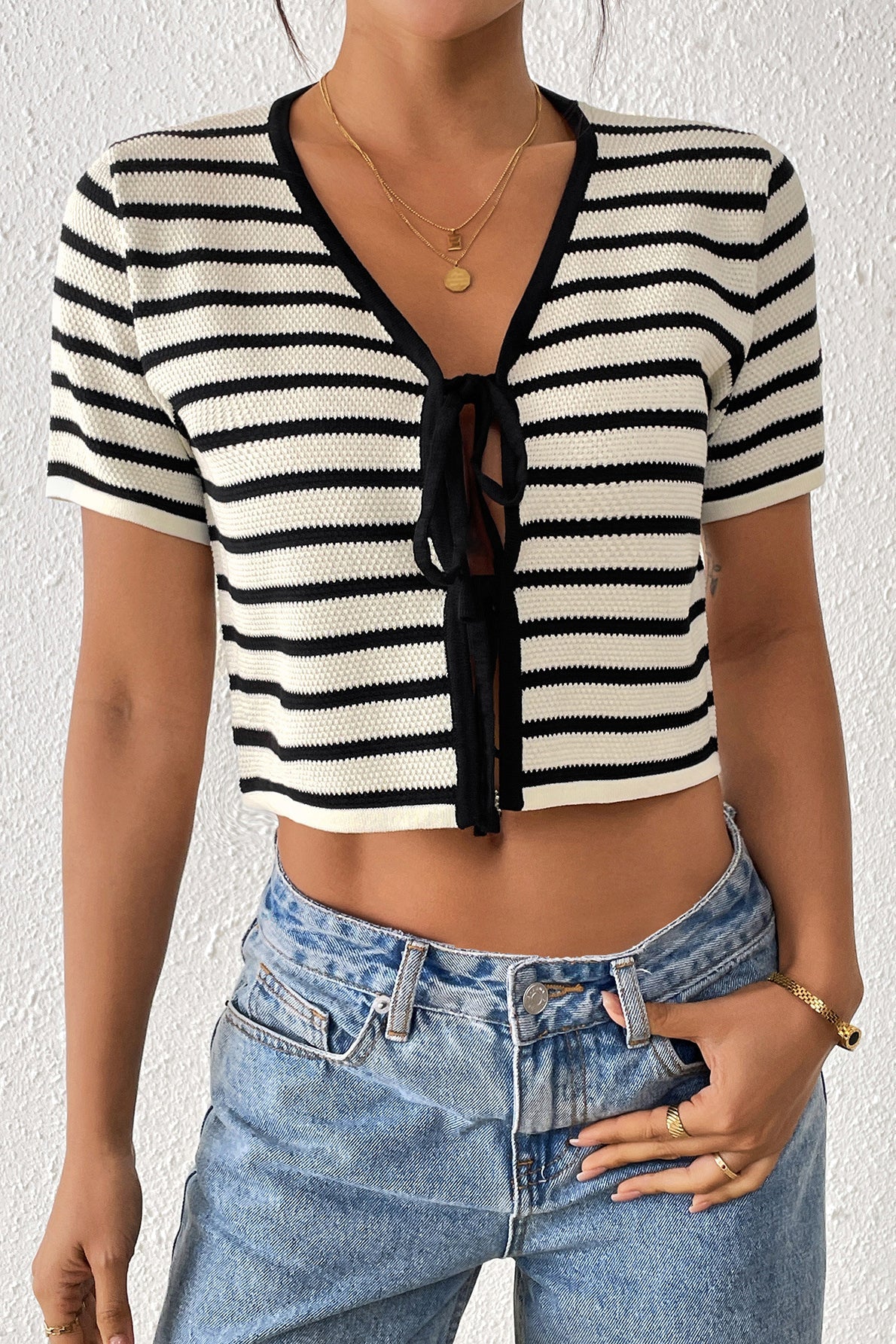 Striped Tie-Front Knit Cardigan for Chic Short Sleeves