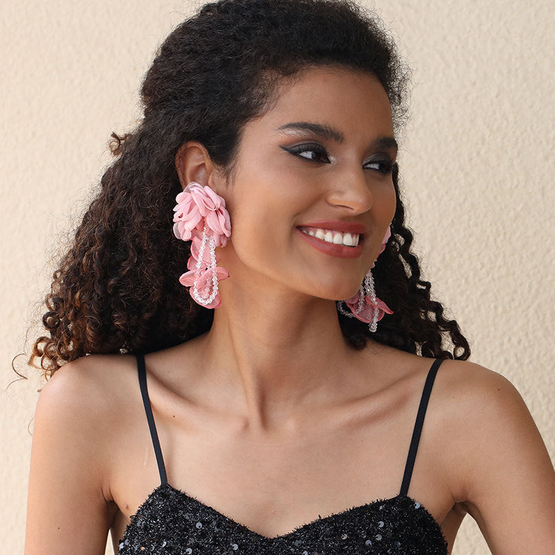 Handmade Fabric Floral Crystal Tassel Earrings