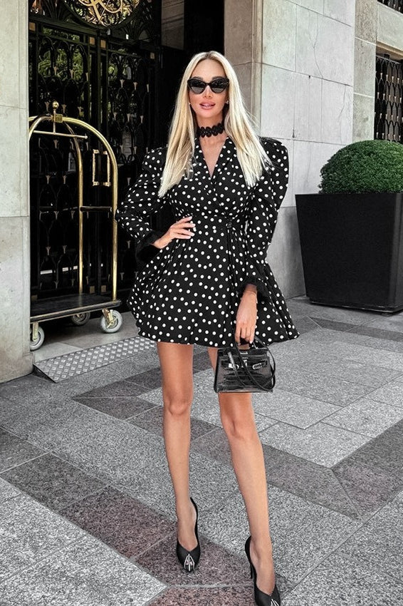 Vintage Polka Dot V-Neck Puff Sleeve A-Line Mini Dress