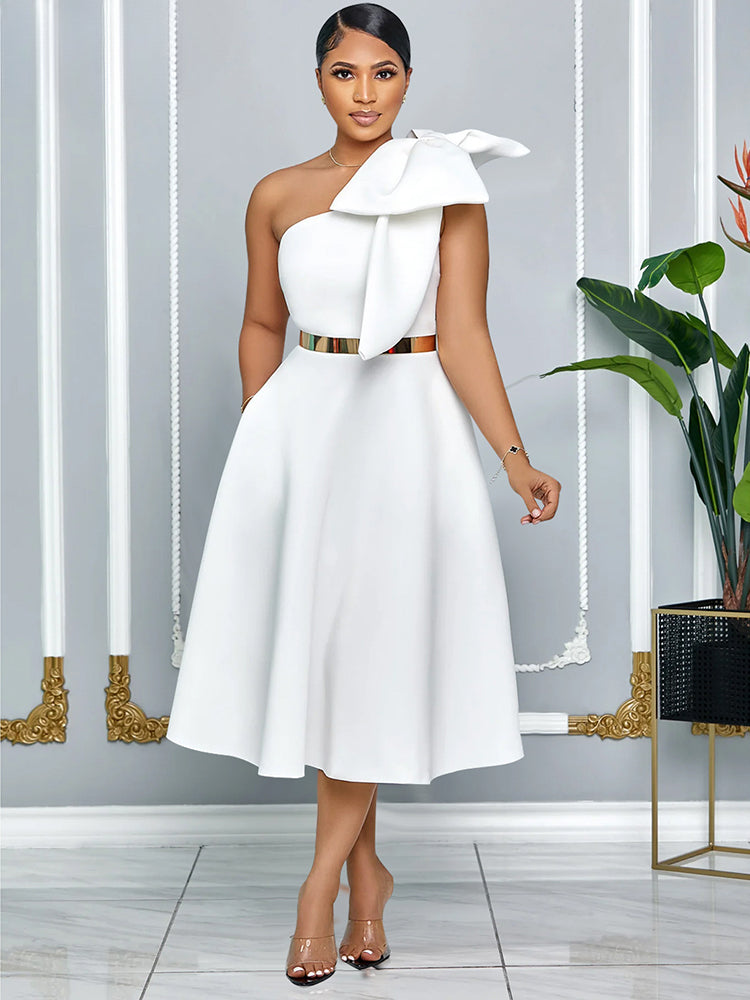 Red Christmas Party Dress with A Line Pleated One Shoulder Bow - Fashionpara