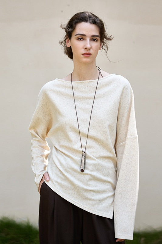 Linen Off Shoulder Slit Knit Top