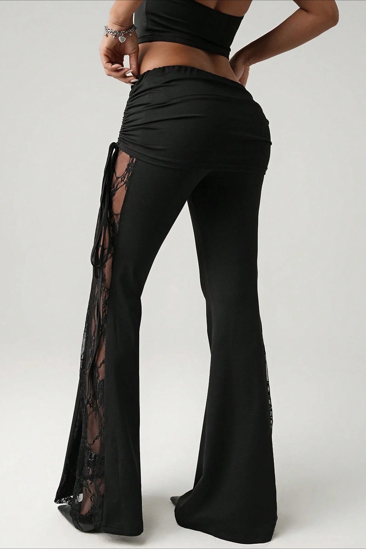 Lace Panel Side Tie Flare Pants