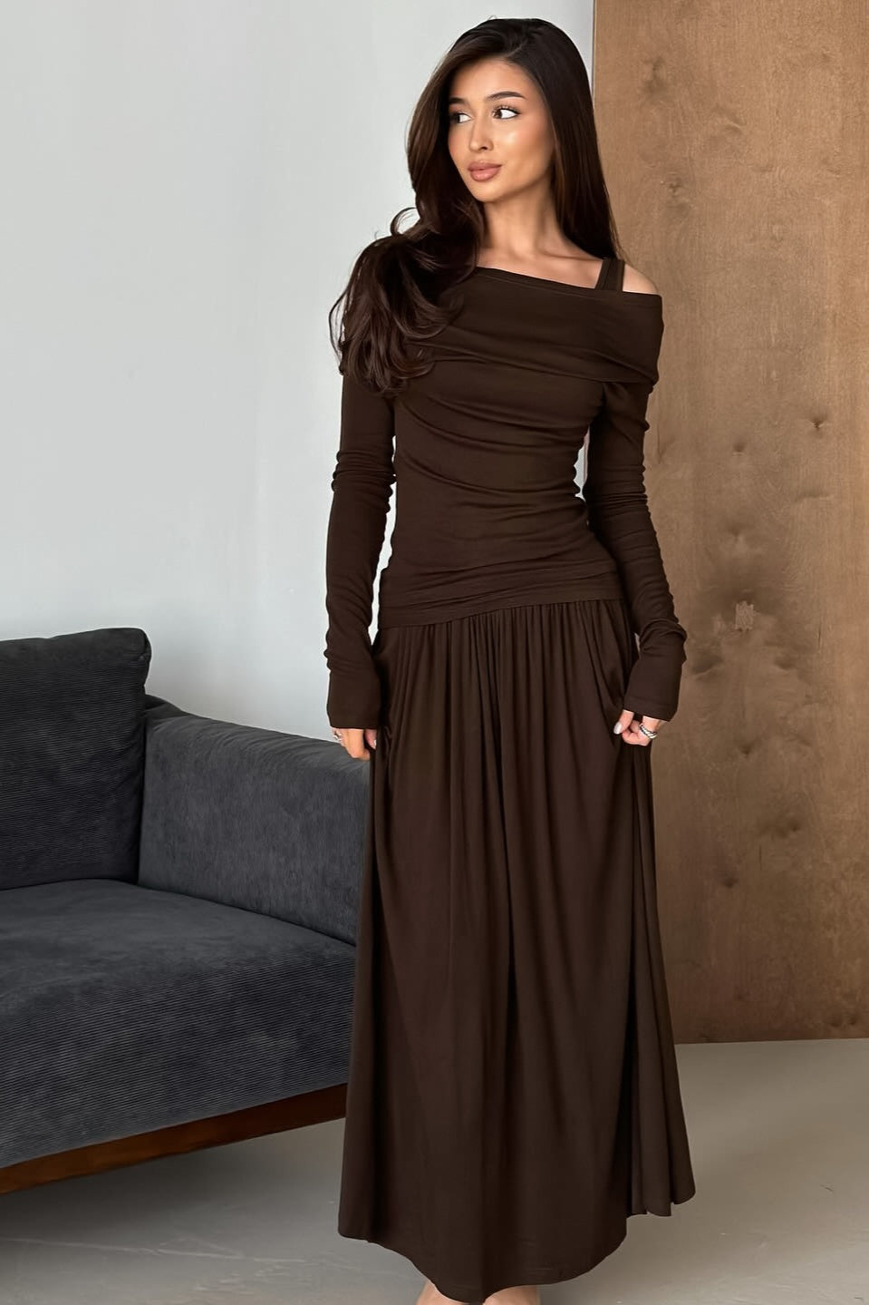 Off Shoulder Long Sleeve Drop Waist Pleated Maxi Dress