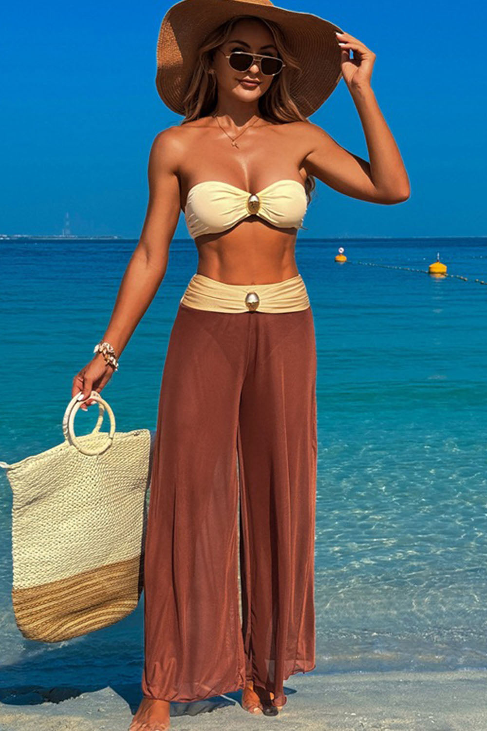 Three-piece swimsuit with button-like decorations on the chest - Fashionpara