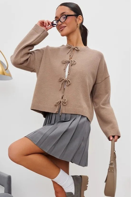 Tie Front Crew Neck Relaxed Knit Cardigan 5