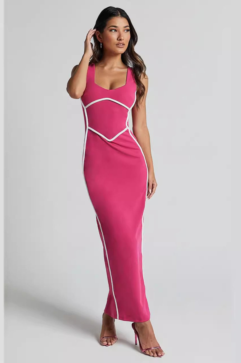 Contrast-Trim Sweetheart Sleeveless Bodycon Maxi Dress