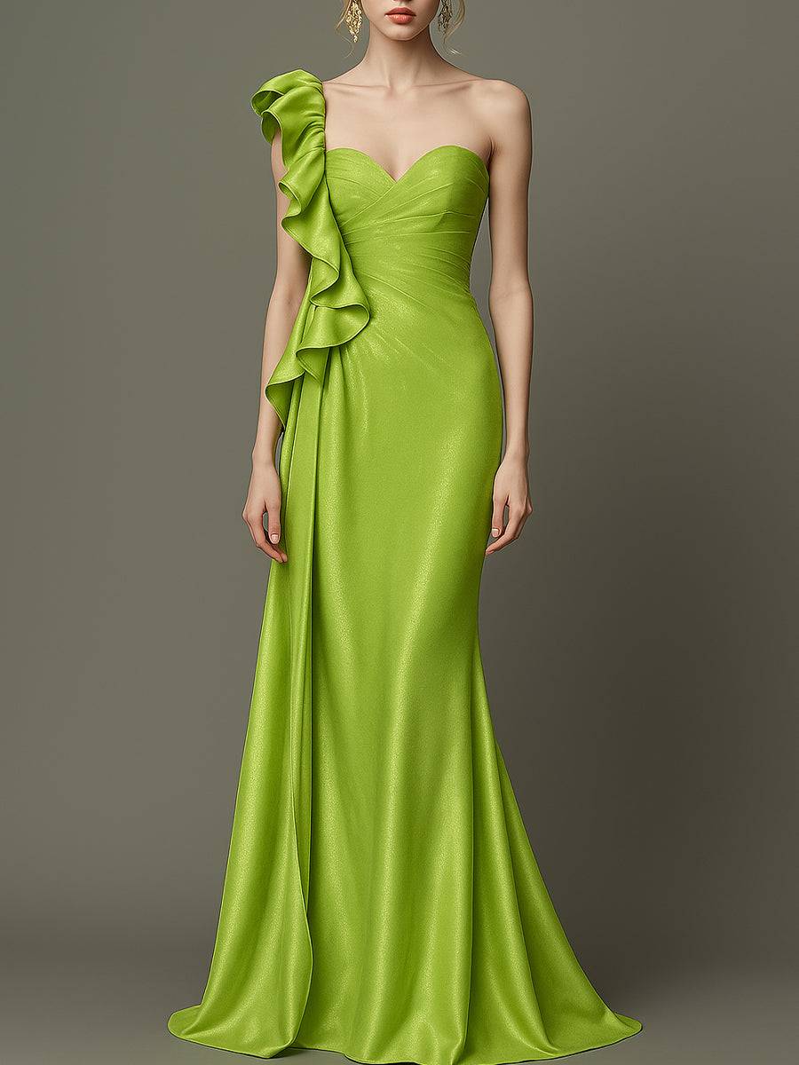 Lime Green One-Shoulder Ruffle Evening Gown