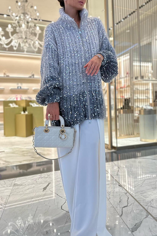 Chic Loose Knit Cardigan with Sequin Balloon Sleeves