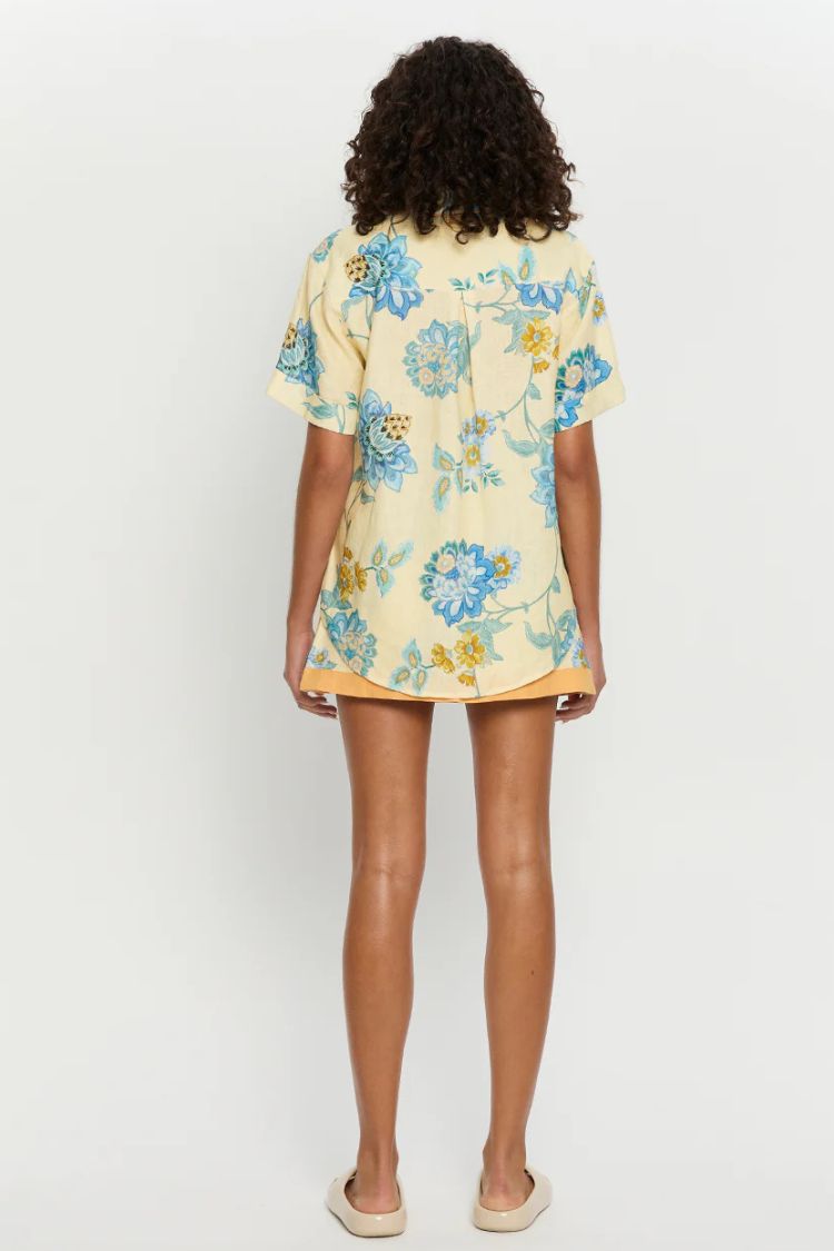 Giselle Linen Blend Floral Print Short Sleeve Shirt and Zipper Mini Skirt Set - Fashionpara