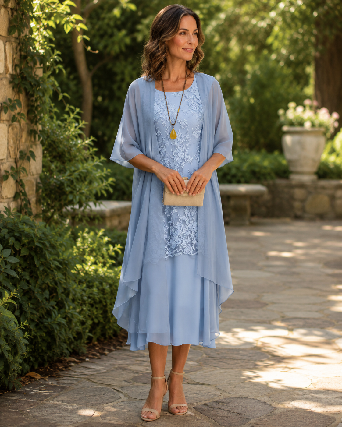 Lace Dress and Chiffon Duster Jacket Two Piece Set