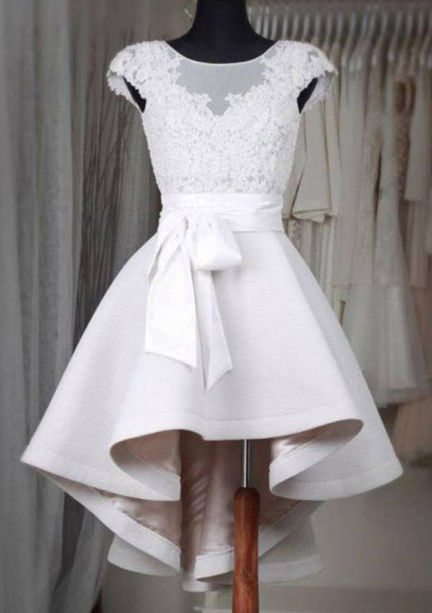 Elastic Satin Elegant A-line/Princess Bateau Asymmetrical Homecoming Dress with Lace - Fashionpara