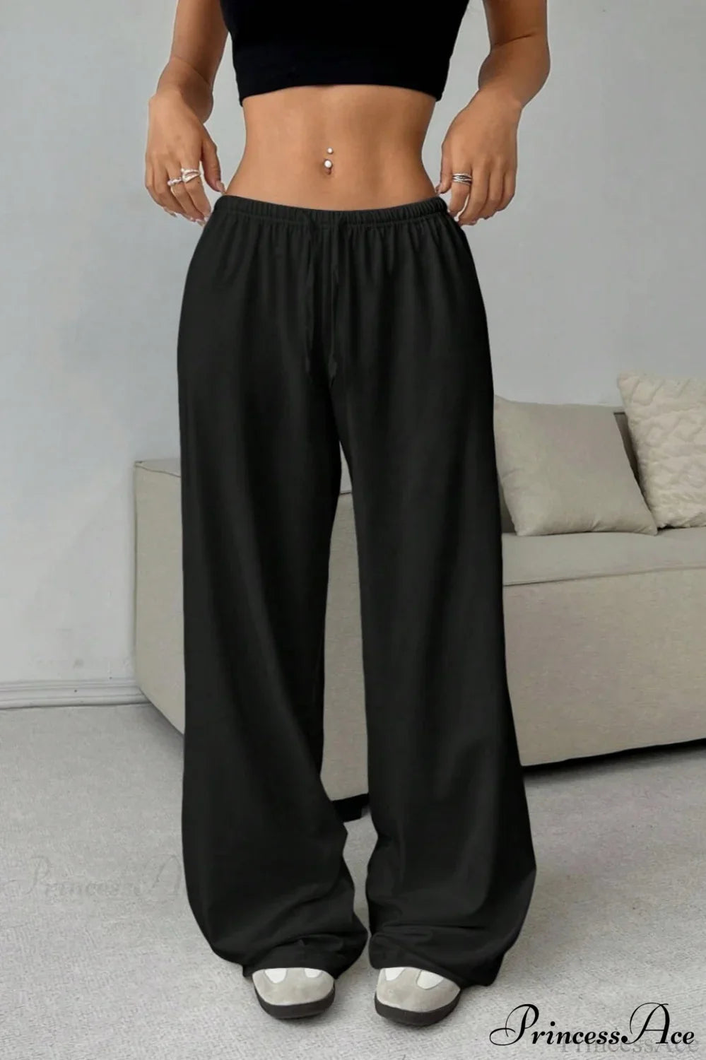 Elastic Waist Drawstring Wide Leg Pants Black / S