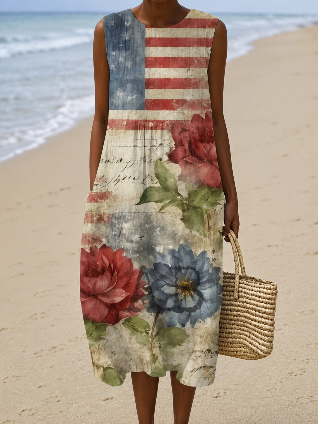 Floral American Flag Print Round Neck Sleeveless Midi Dress