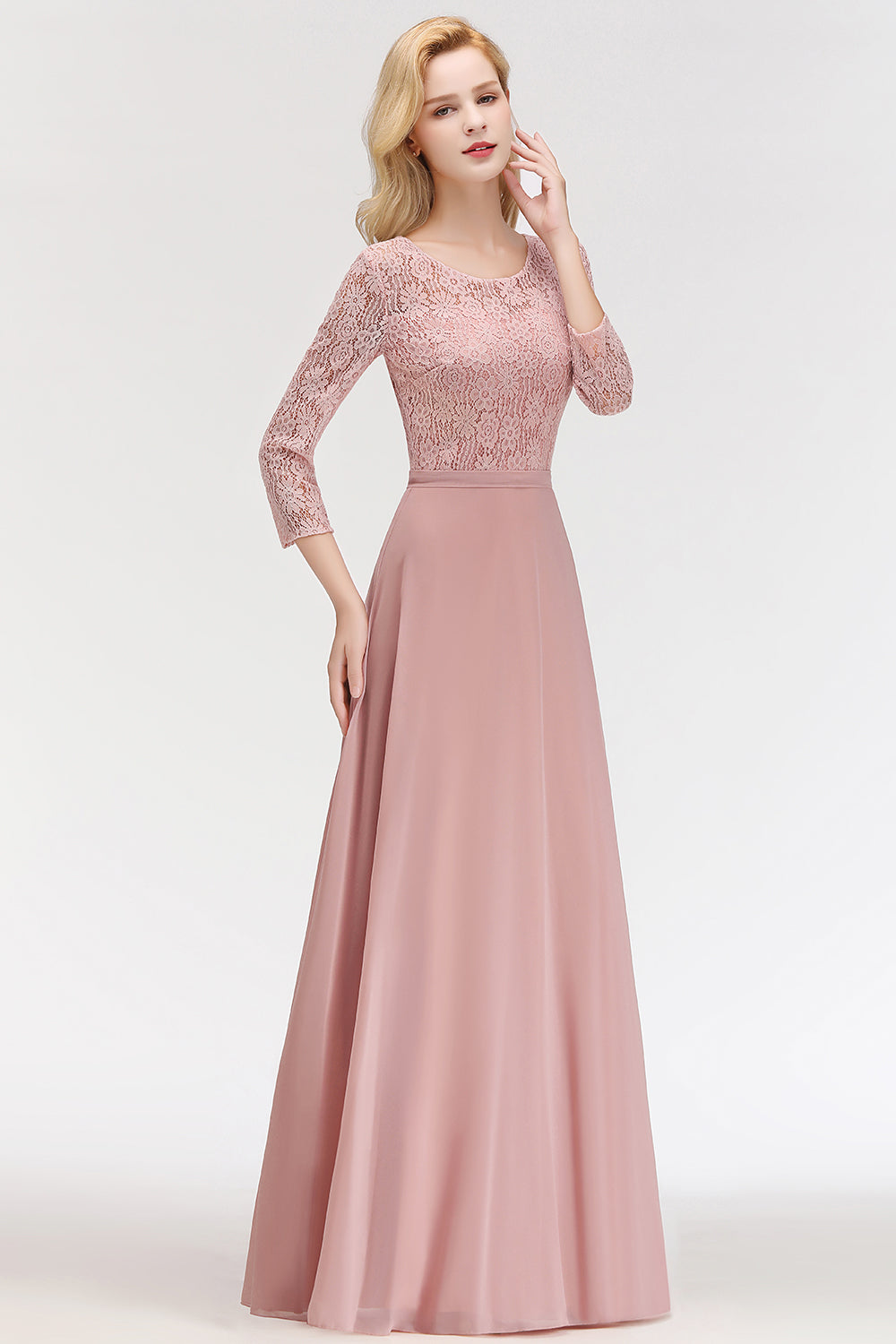 Elegant 3/4 Sleeves Lace Long Dusty Rose Bridesmaid dresses - Fashionpara